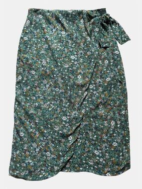 Ann Taylor Spring Green Ditsy Floral Print  Wrap Style Midi Skirt Size 6